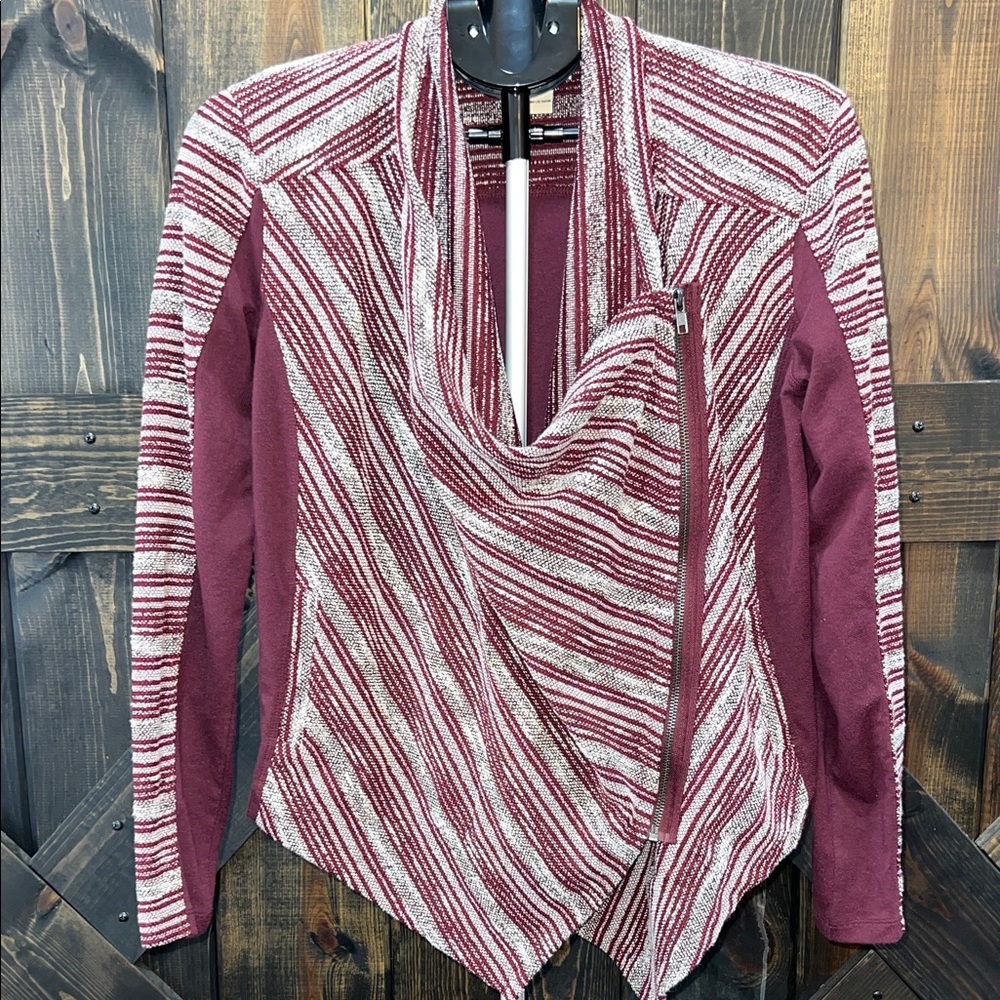 Lucky Brand Sweater Jacket Size M Maroon Mixed Media Side Zip Southwestern Boho